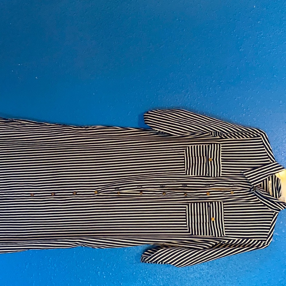 Navy blue and white stripped dress gold buttons